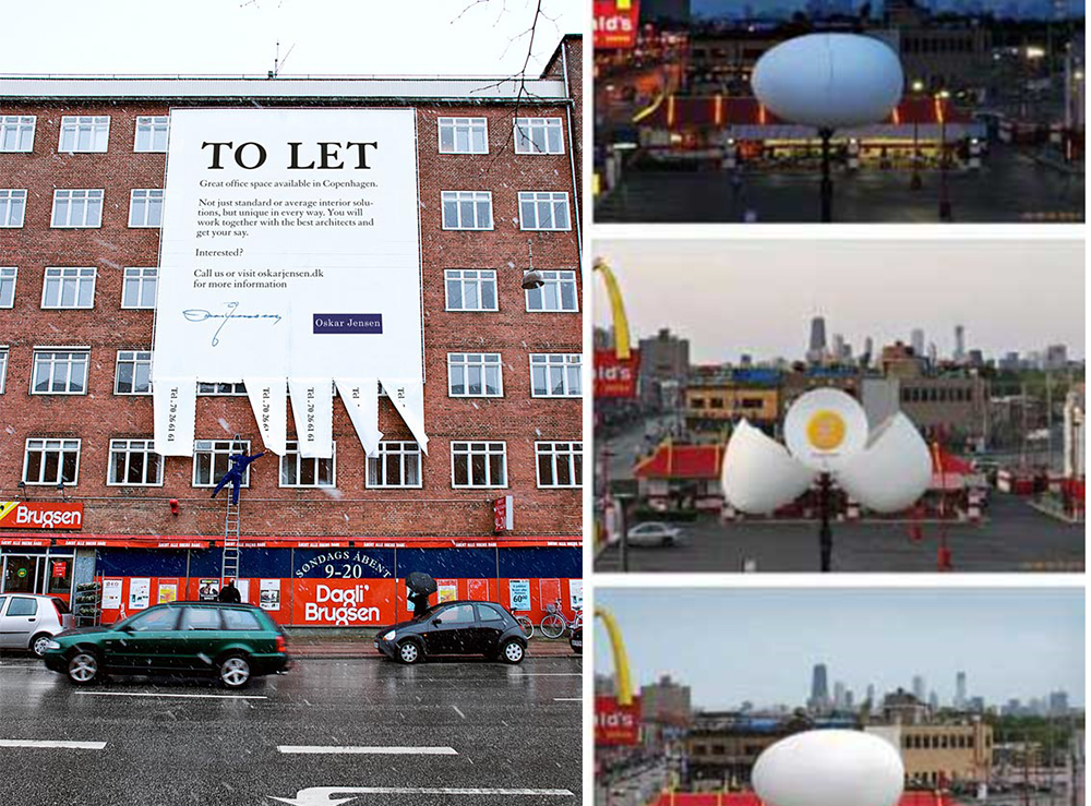 Слева - реклама аренды помещения от агентства недвижимости (Копенгаген), справа - завтрак готов в MacDonald с первыми лучами солнца