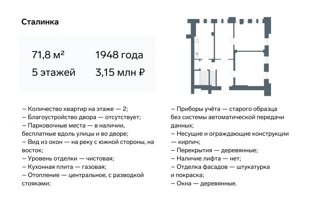 Спецификация и планировка квартиры в "сталинке"