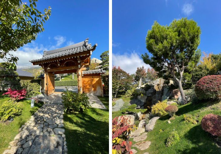 Национальные ворота в Японский парк в Крыму, водопад с камнями, привезенными из Японии