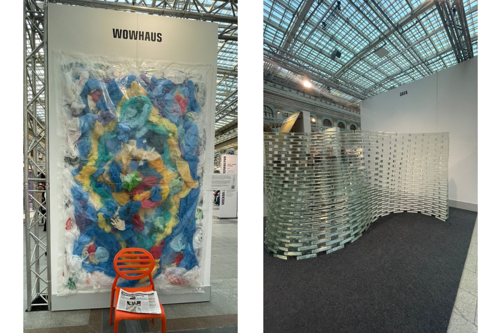 Стенды на выставке АрхМосквы. Слева – стенд wowhaus о пакете с пакетами, справа – экспозиция от АБ